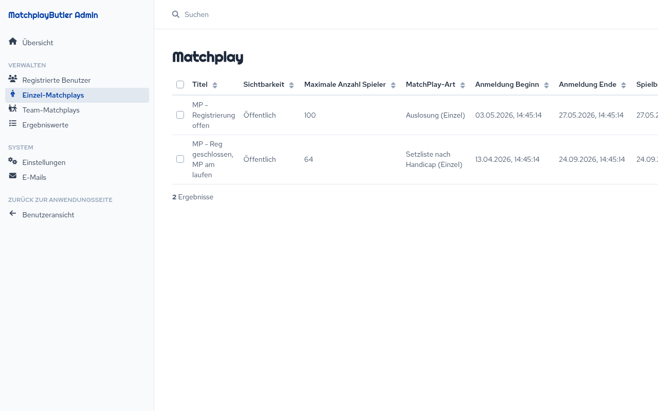 Übersicht aller Matchplays im Admin-Backend