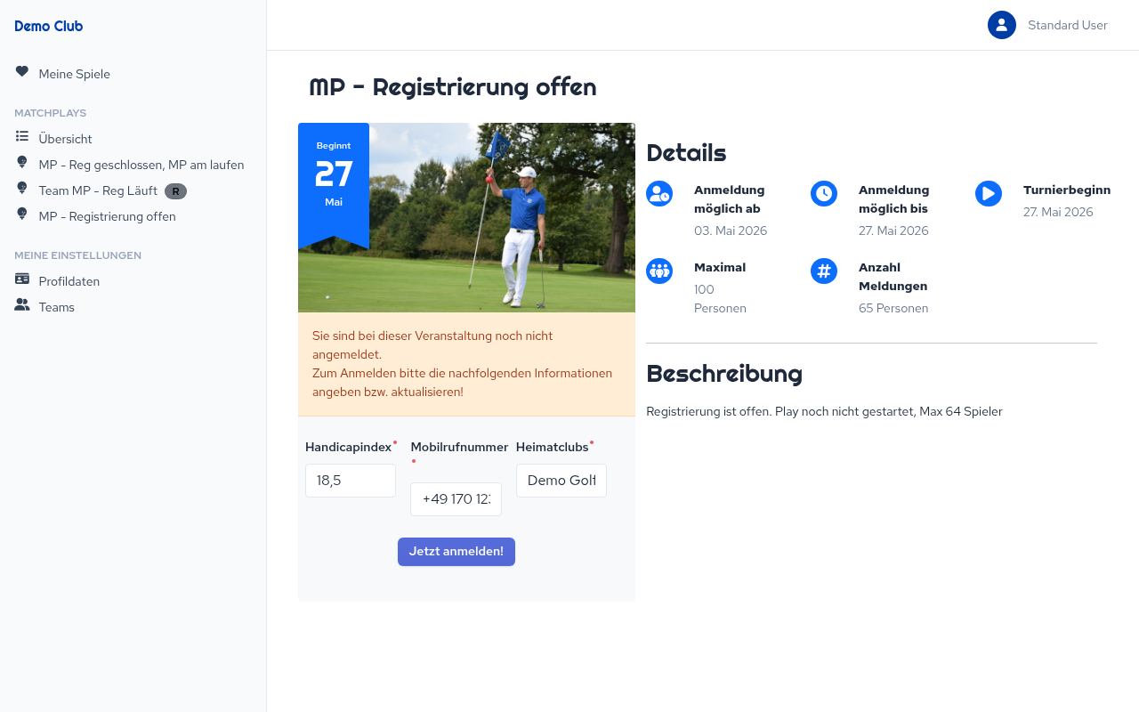 Anmeldeformular für Einzel-Matchplay