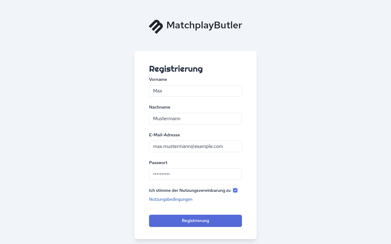 Ausgefülltes Registrierungsformular
